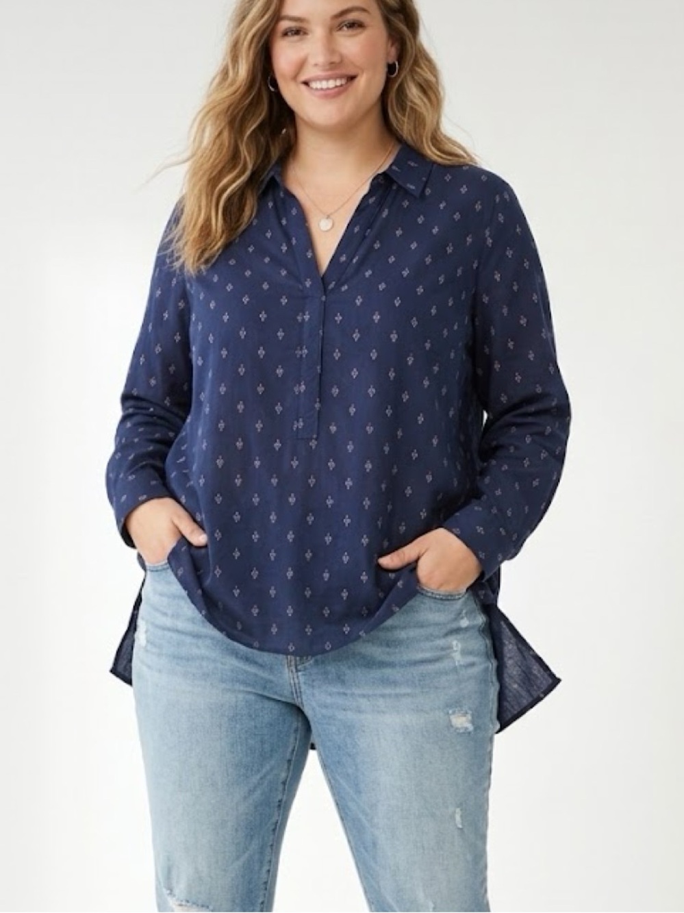 J. Jill Embroidered Print V-Neck Popover Cotton Tunic Blouse